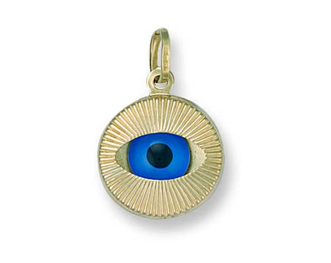 9ct Yellow Gold 12mm Evil Eye Sunburst Design Charm Pendant 0.8g - Real 9K Gold