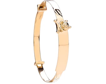 9ct Yellow Gold Babies Expandable 3mm Teddy Bear ID Bangle Hallmarked - Solid 9K Gold
