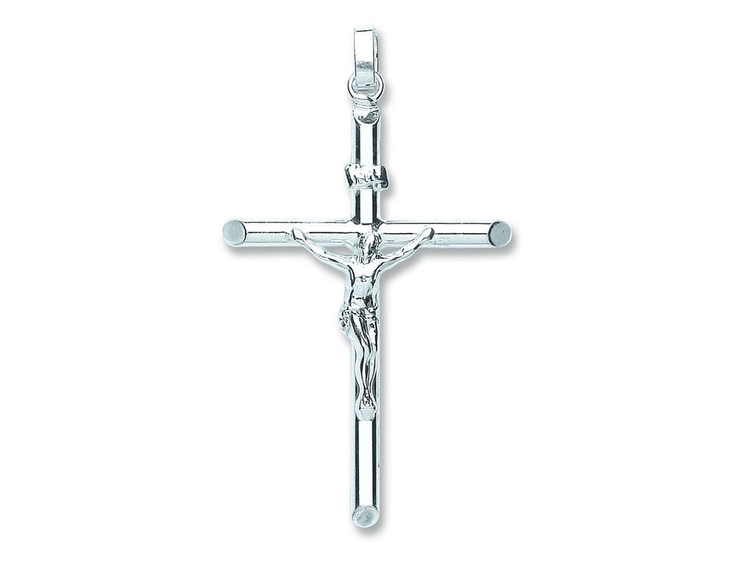 Large 5.5cm Round Tube INRI Crucifix Cross Pendant 925 Sterling Silver ...