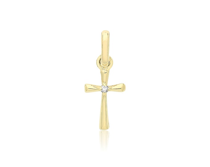 Tiny 9ct Yellow Gold 10x5mm Cross Charm Pendant With Single Cz Stone - Real 9K Gold