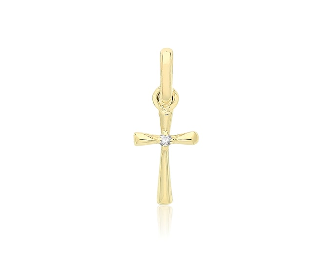 Tiny 9ct Yellow Gold 10x5mm Cross Charm Pendant With Single Cz Stone - Real 9K Gold