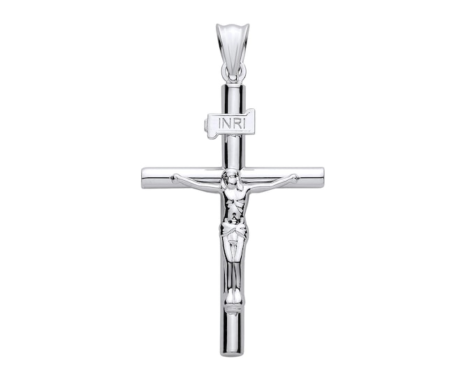 9K White Gold 3.5cm Round Tube Crucifix Pendant