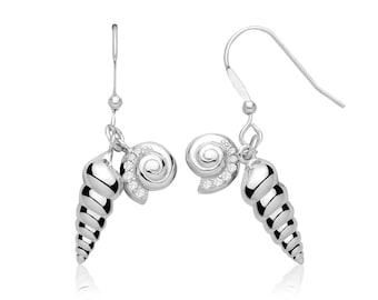 Pair of Rhodium Plated 925 Sterling Silver 1.8cm Sea Shells Hook Drop Earrings