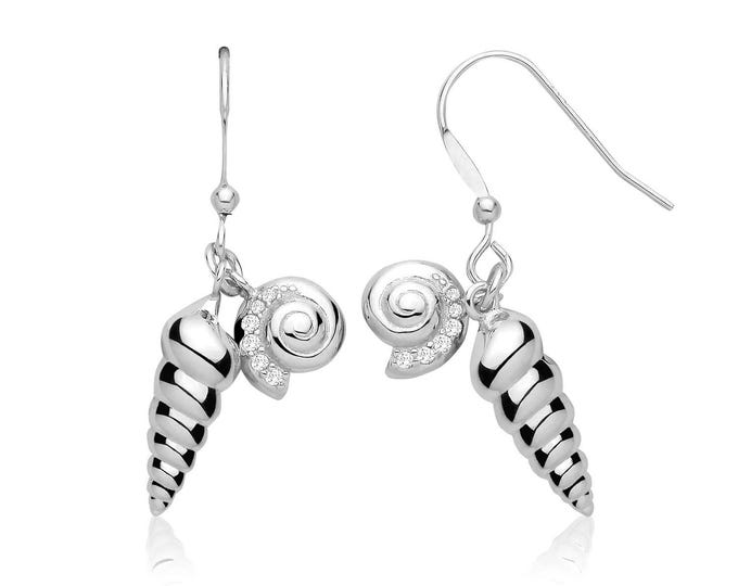 Pair of Rhodium Plated 925 Sterling Silver 1.8cm Sea Shells Hook Drop Earrings