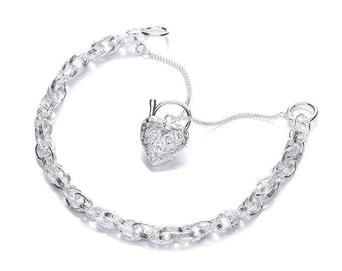 925 Sterling Silver Prince of Wales 7" Bracelet With Filigree Heart Padlock Charm