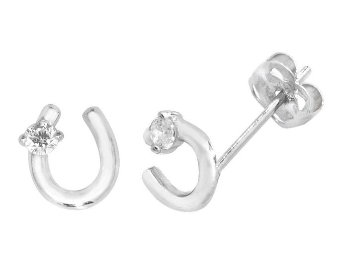 9ct Gold 5mm Lucky Horseshoe Stud Earrings Set With Cubic Zirconia Stones - Real 9K Gold