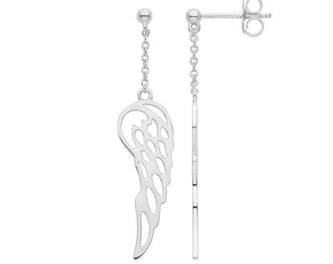 925 Sterling Silver Guardian Angel Wings 45mm Long Drop Earrings - Rhodium Plated