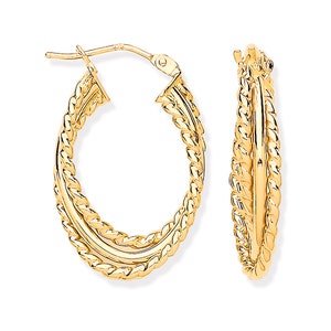 9ct Yellow Gold Triple Layer Plain & Ribbed Oval Hoop Earrings - Real 9K Gold