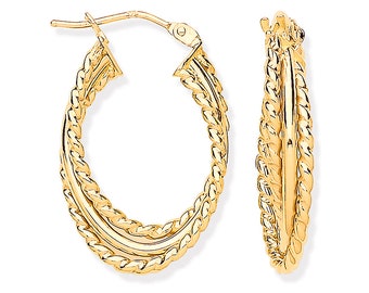 9ct Yellow Gold Triple Layer Plain & Ribbed Oval Hoop Earrings - Real 9K Gold