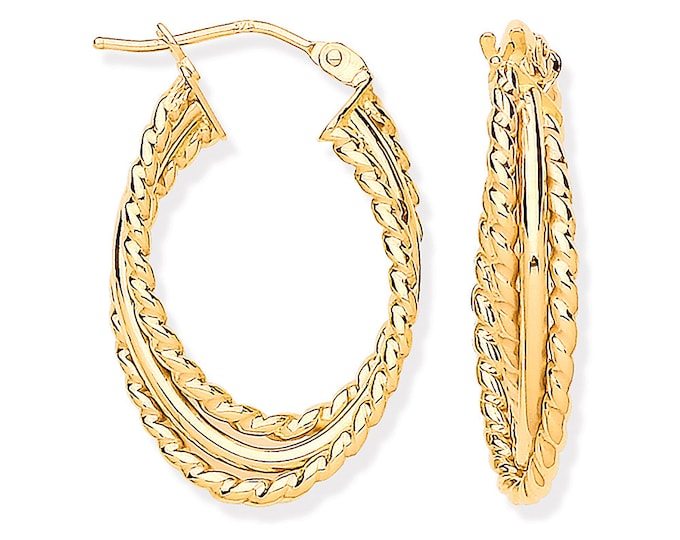 9ct Yellow Gold Triple Layer Plain & Ribbed Oval Hoop Earrings - Real 9K Gold