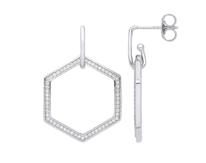 925 Sterling Silver 3.1cm Pave Cz Honeycomb Link Drop Earrings