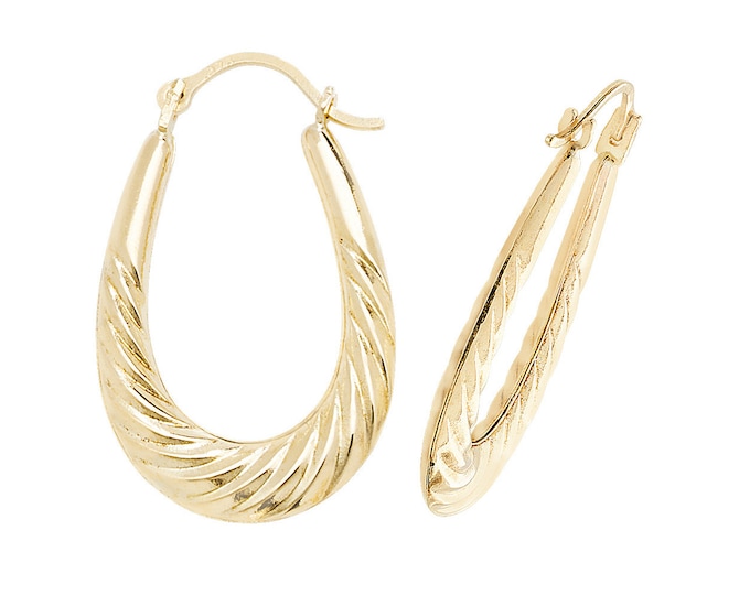 9ct Yellow Gold 20x15mm Hollow Ribbed Waterfall Oval Creole Hoop Earrings - Real 9K Gold