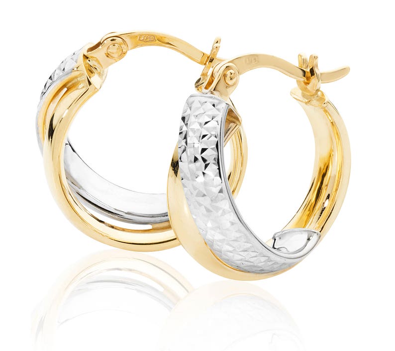 9ct Two Colour Gold Crossover Diamond Cut Hoop Earrings 12mm 15mm 18mm