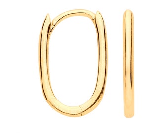 Modern 9ct Yellow Gold 14X9mm Hinged Oval Hoop Earrings - Real 9K Gold