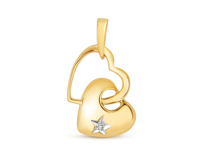 9ct Yellow Gold Double Heart Pendant With Single Star Set Diamond Hallmarked - Real 9K Gold