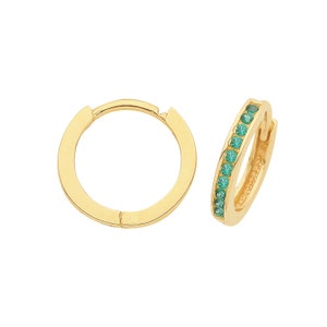 9ct Yellow Gold 8mm Internal Diameter Half Set Emerald Green Cz Huggies Hoop Earrings - Real 9K Gold
