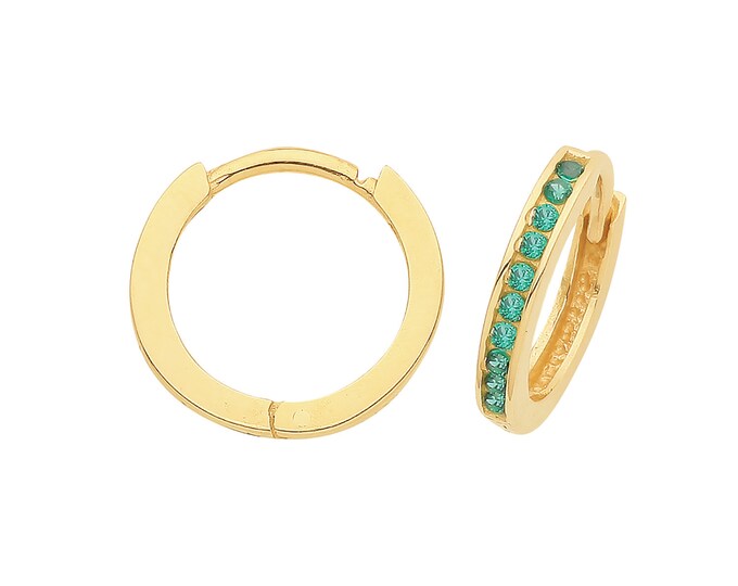 9ct Yellow Gold 8mm Internal Diameter Half Set Emerald Green Cz Huggies Hoop Earrings - Real 9K Gold