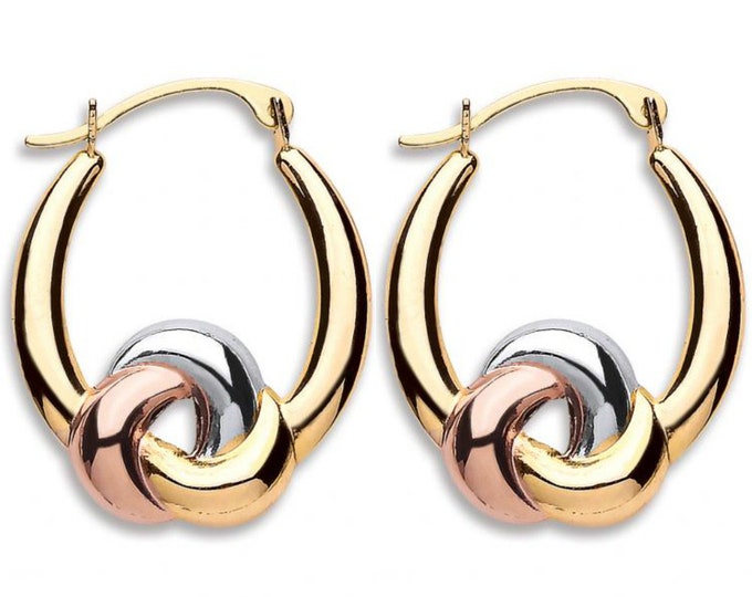 9ct 3 Colour Gold 20mm Twisted Knot Oval Hoop Earrings Hallmarked - Real 9K Gold