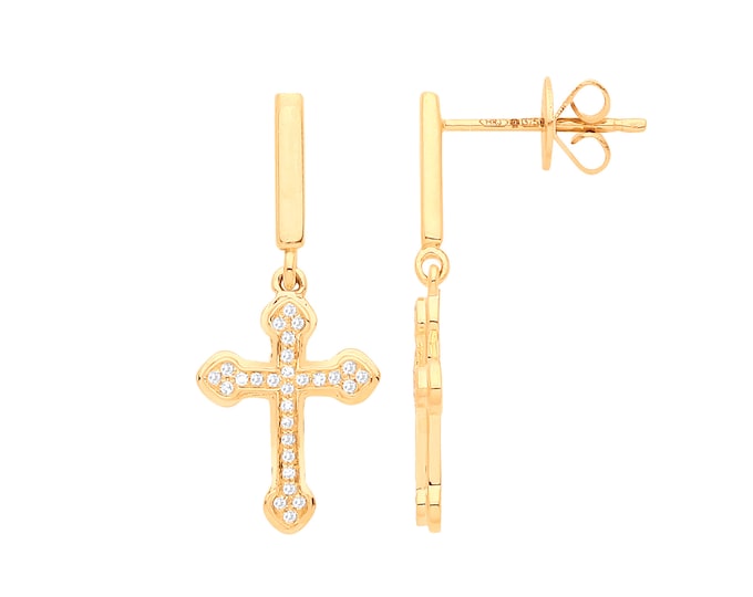 9ct Yellow Gold 0.09ct Diamond Cross Stud Drop Earrings 24x10mm - Real 9K Gold