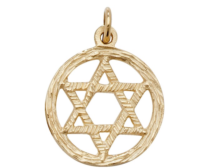 9ct Yellow Gold Carved Wood Design 1.5cm Round Star of David Pendant - Real 9K Gold