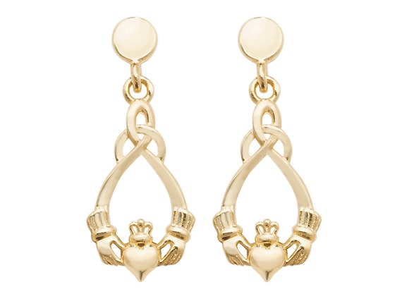 9ct Yellow Gold Irish Claddagh Twisted Drop Earrings 16x6mm Etsy
