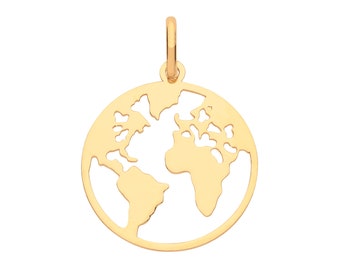 9ct Yellow Gold 12mm Diameter Cut Out World Map Disc Pendant - Real 9K Gold
