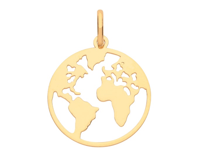 9ct Yellow Gold 12mm Diameter Cut Out World Map Disc Pendant - Real 9K Gold