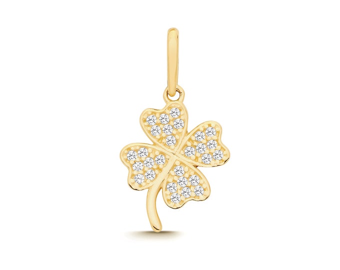 9ct Yellow Gold 13mm Pave Cz Lucky 4 Leaf Clover Charm Pendant - Real 9K Gold