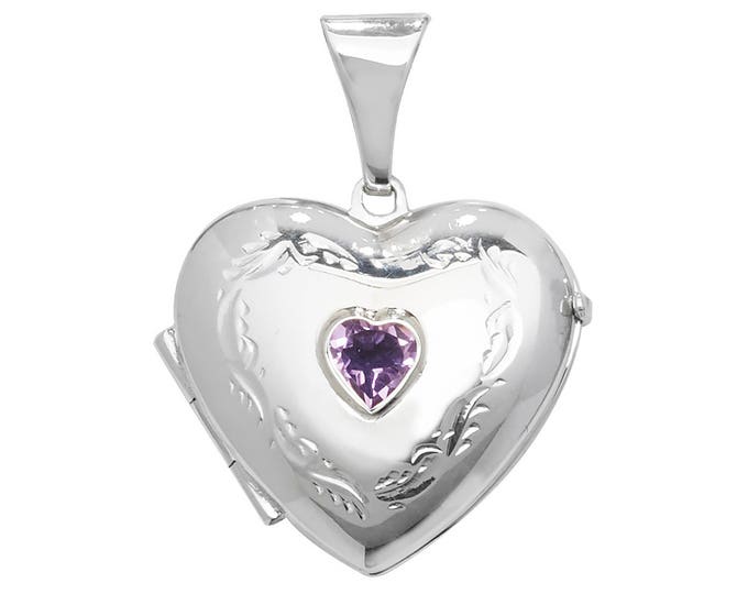 925 Sterling Silver Engraved Heart Shaped 2 Photo Locket With Centre Real Purple Amethyst