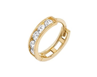 9ct Yellow Gold 7mm Diameter Channel Set Cz  Hinged Cartilage Single Hoop Earring - Real 9K Gold