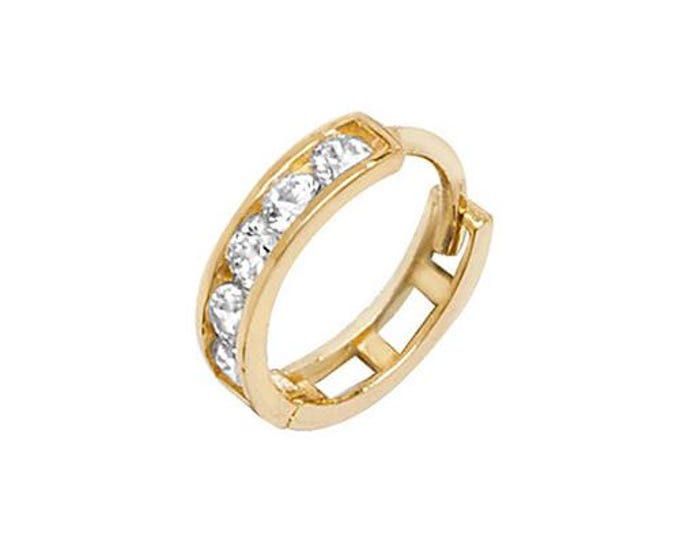9ct Yellow Gold 7mm Diameter Channel Set Cz  Hinged Cartilage Single Hoop Earring - Real 9K Gold