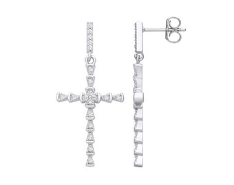 Contemporary 925 Sterling Silver 3.8cm Cz Cross Drop Earrings