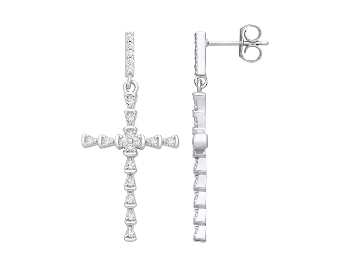 Contemporary 925 Sterling Silver 3.8cm Cz Cross Drop Earrings