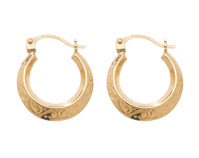 9ct Yellow Gold 10mm Embossed Scroll Creole Baby Hoop Earrings - Real 9K Gold