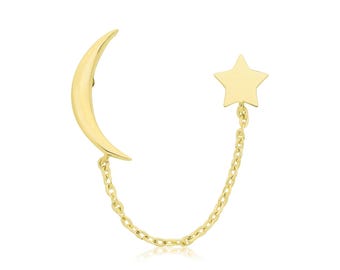 SINGLE Moon & Star Chain Linked Stud Earring Butterfly Fastenings - Real 9K Gold