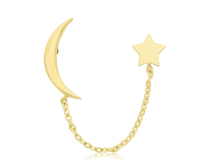 SINGLE Moon & Star Chain Linked Stud Earring Butterfly Fastenings - Real 9K Gold