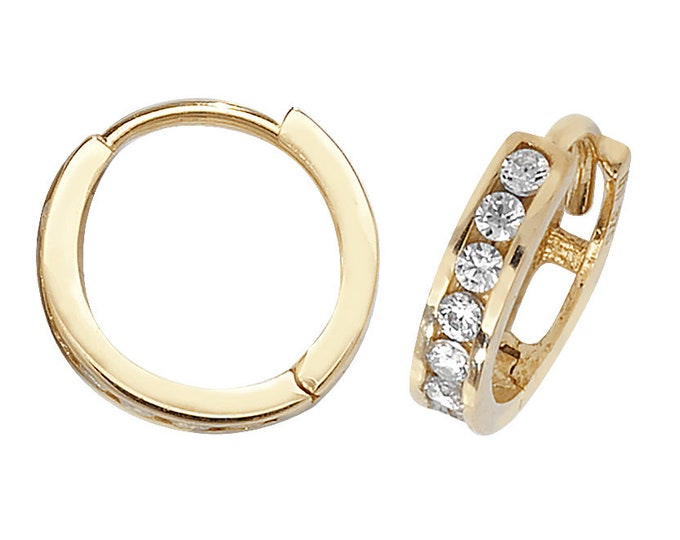 9ct Yellow Gold 9mm Channel Set Cz Hinged Hoop Earrings - Real 9K Gold