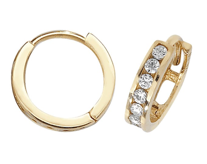 9ct Yellow Gold 9mm Channel Set Cz Hinged Hoop Earrings - Real 9K Gold