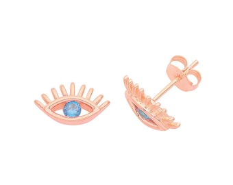 925 Sterling 10x5mm Blue Cz Evil Eye Stud Earrings Rose Gold Plated