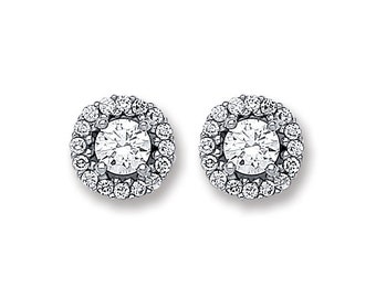 9ct White Gold 5mm Cluster Halo Stud Earrings Set With Cubic Zirconia Stones - Real 9K Gold