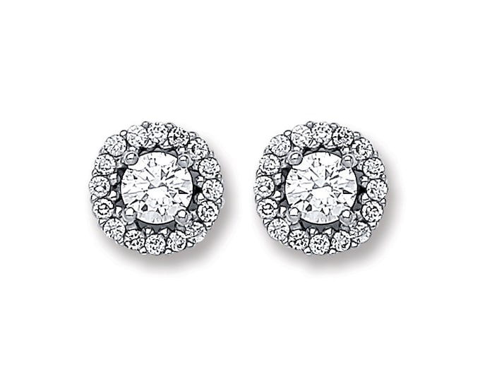 9ct White Gold 5mm Cluster Halo Stud Earrings Set With Cubic Zirconia Stones - Real 9K Gold