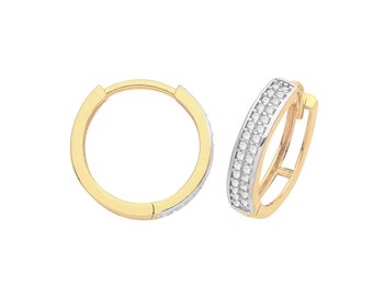 9ct Yellow Gold Two Row Cz Channel Set 11mm Diameter Hinged Huggies Hoop Earrings - Real 9K Gold