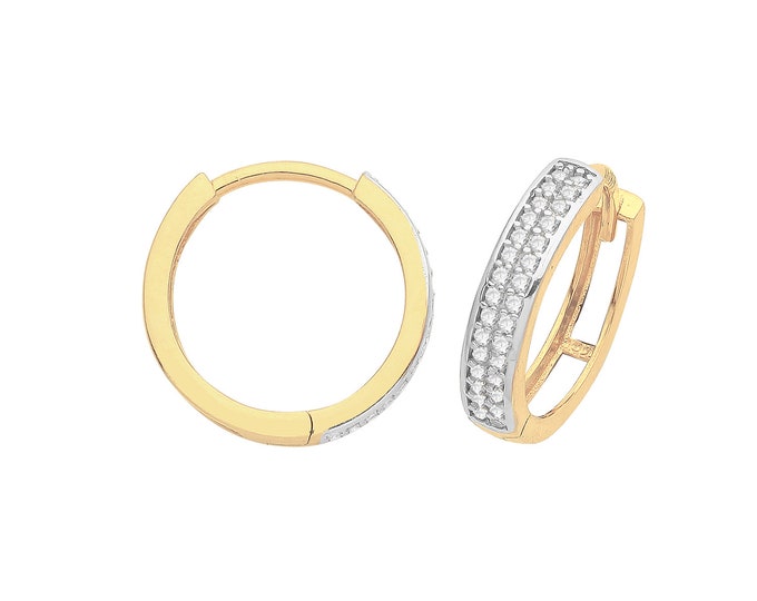 9ct Yellow Gold Two Row Cz Channel Set 11mm Diameter Hinged Huggies Hoop Earrings - Real 9K Gold