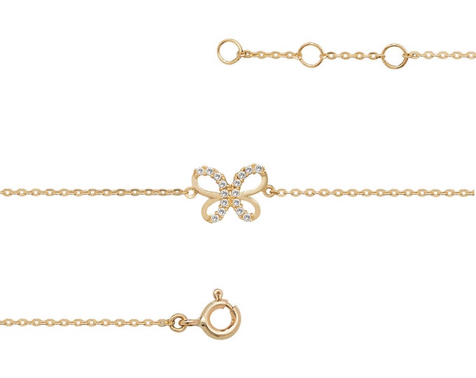 Ladies 9ct Yellow Gold Cz Butterfly Charm Link 7.25" Fine Lightweight Chain Bracelet - Real 9K Gold