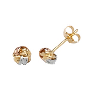 9ct Tri Colour Gold 4mm Twisted Ribbon Knot Stud Earrings - Real 9K Gold