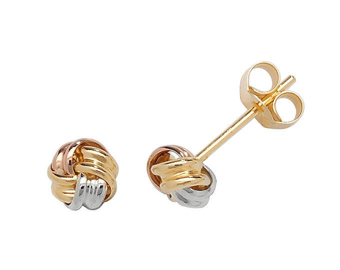 9ct Tri Colour Gold 4mm Twisted Ribbon Knot Stud Earrings - Real 9K Gold