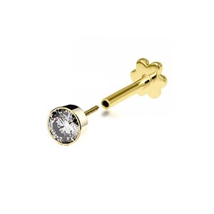 SINGLE 9ct Yellow Gold 4mm Cz Solitaire Labret Cartilage 6mm Bar Stud Screw Top Earring - Solid 9K Gold