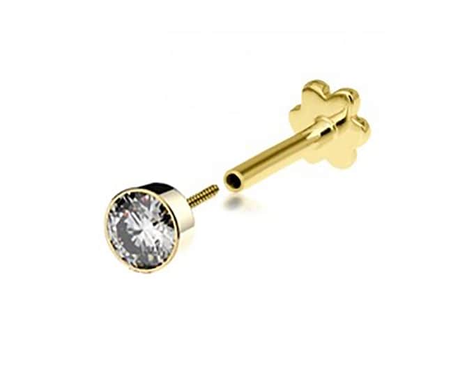 SINGLE 9ct Yellow Gold 4mm Cz Solitaire Labret Cartilage 6mm Bar Stud Screw Top Earring - Solid 9K Gold