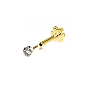 SINGLE 9ct Yellow Gold 2mm Cz Solitaire Labret Cartilage 6mm Bar Stud Screw Top Earring - Solid 9K Gold