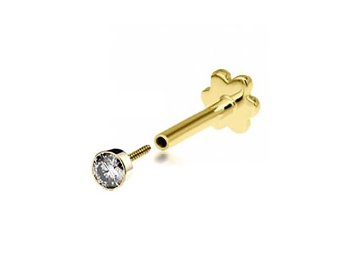 SINGLE 9ct Yellow Gold 2mm Cz Solitaire Labret Cartilage 6mm Bar Stud Screw Top Earring - Solid 9K Gold